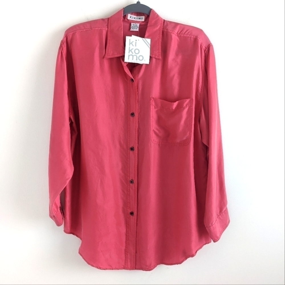 𝅺VINTAGE Kikomo Bright Pink Silk Button Down Blouse M Retro